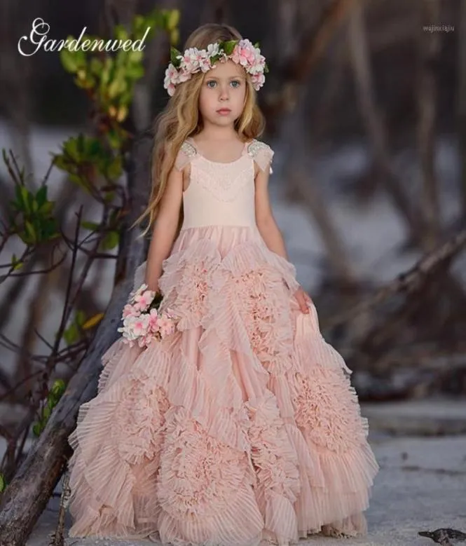 Girl039s Dresses Fairy Pink Flower Girl Boho 3D Ruffled Girls Communione Aline Chiffon Pageant18659779