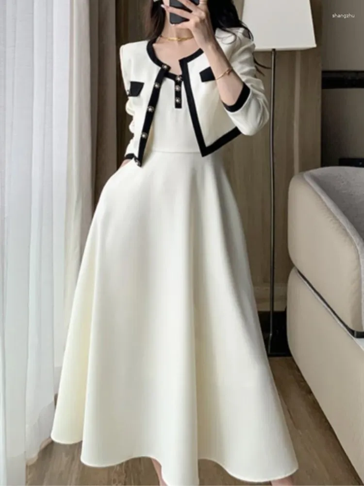 Robes de travail Fashion Femmes coréennes Élégant Robe décontractée Ensemble de vestes de récolte vintage sans manches