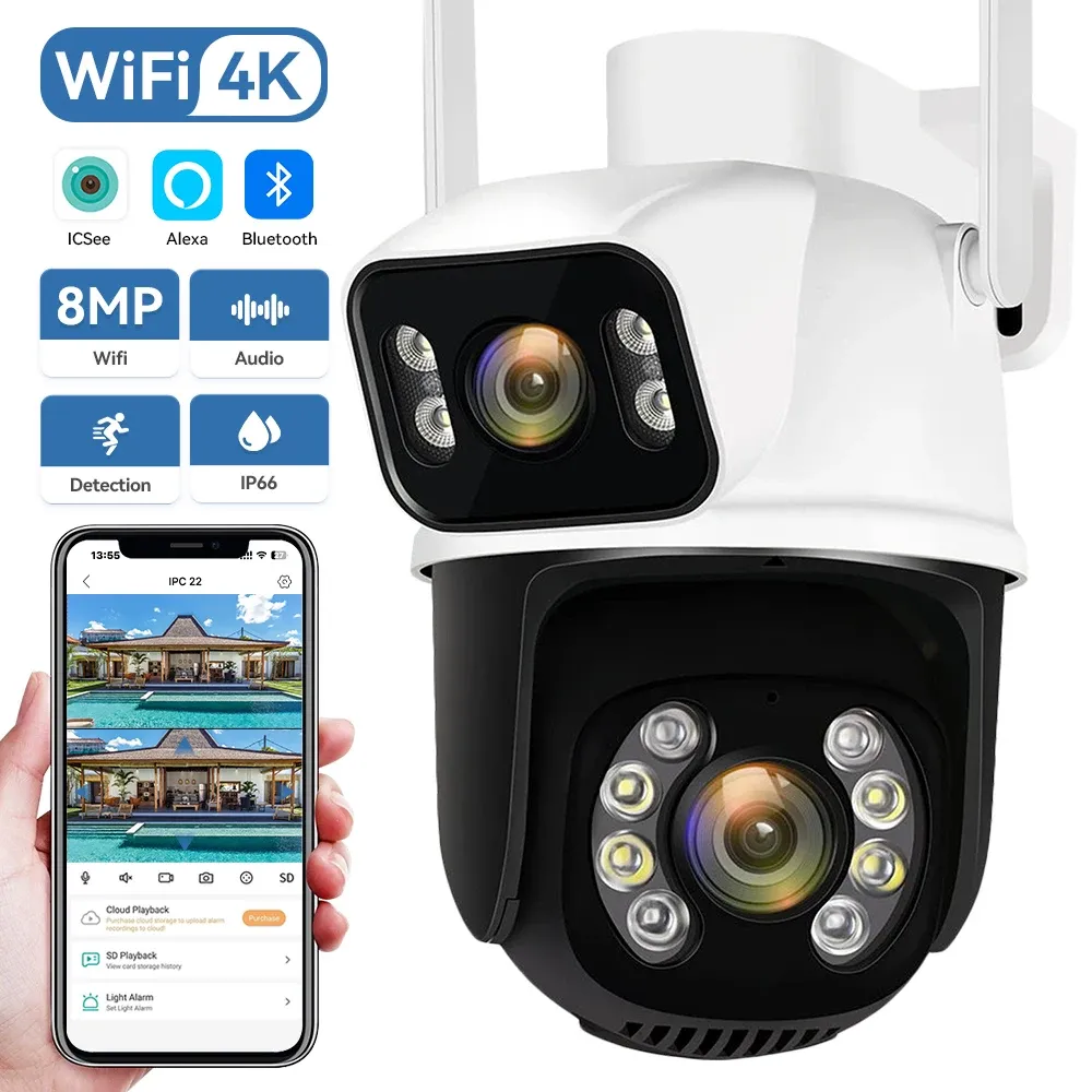 Kameror 8MP 4K Dual Lens WiFi PTZ Camera Smart Home Night Vision Dual Screen Outdoor 6MP Security Protection CCTV IP CAMERA ICSEE APP