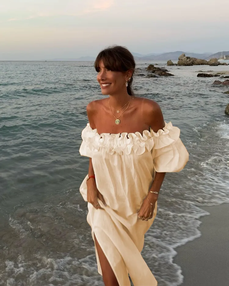 Summer Off Shoulder Ruffle Dress: Womens White Flax Linen