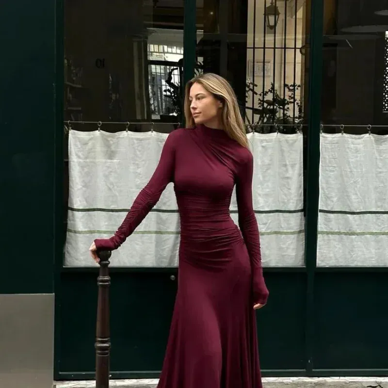 Elegant Burgundy Maxi Dress: Red Long Sleeve Bodycon, High Neck. Shop Now!  from Dhgate Basic & Casual Dresses - price 84.13