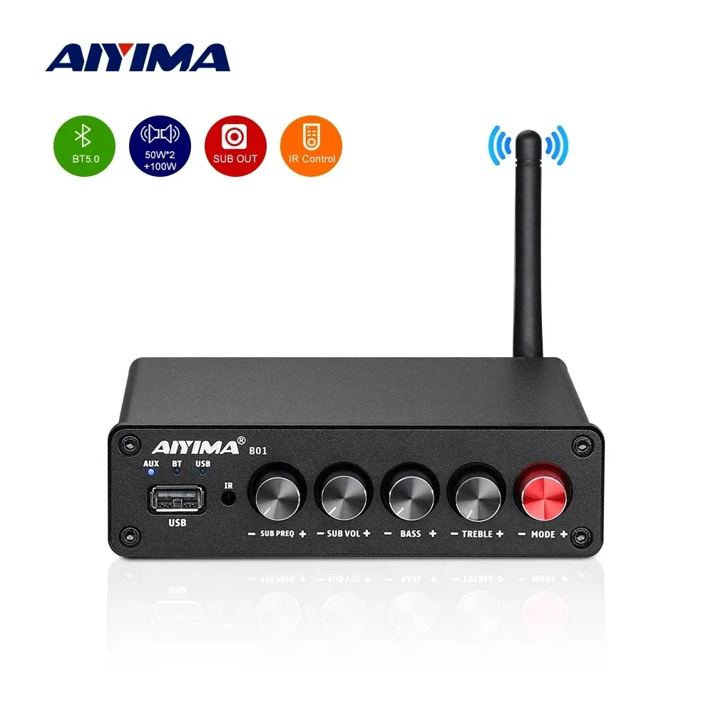 Versterker Aiyima Bluetooth Subwoofer versterkers TPA3116 2.1 Hifi Power Amplicador Sound Amplifier Audio USB Amplify 50Wx2+100W B01 A03