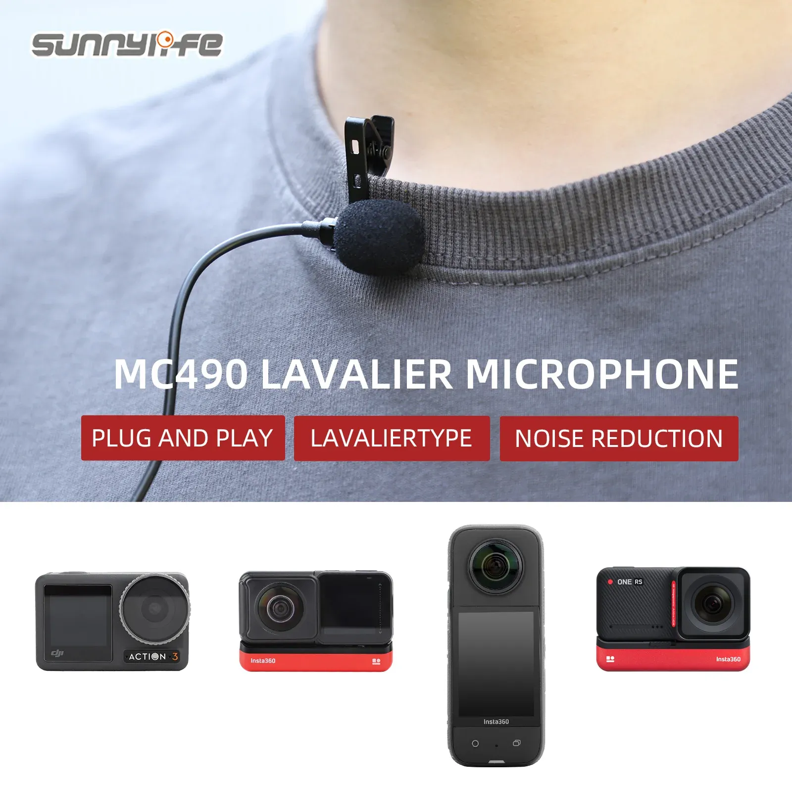 Microfones Sunnylife Lavalier Microphone Mini Mic Audio Recording Interview Living Performance for Insta360 X3/ One Rs/ Action 3
