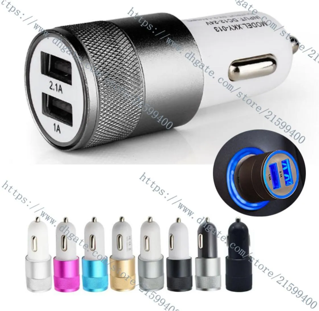 Metal Dual USB Port Car Charger 2AMP för iPhone för Samsung för Motorola mobiltelefon Universal Car Charger6863542