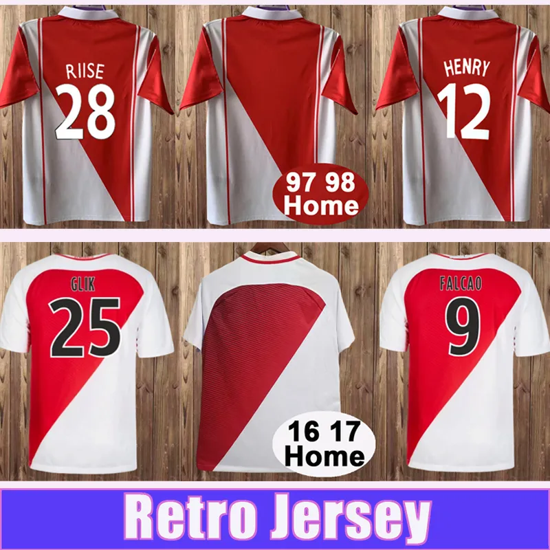 1997 1998 AS Monaco FC Mens 레트로 축구 유니폼 Henry Riise 16 17 Falcao Glik Fabinho 홈 풋볼 셔츠 짧은 슬리브 유니폼