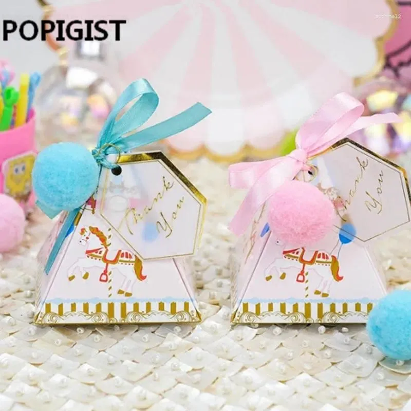 Gift Wrap Pink / Blue Triangular Pyramid Horse Baby Shower Candy Box Bomboniera Baptism Birthday Boxes