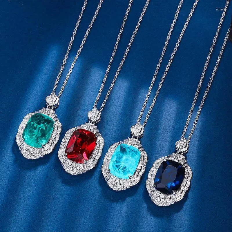 Pendant Necklaces EYIKA Luxury Fine Jewelry Radiant Cut Lab Ruby Sapphire CZ Necklace White Gold Plated Fusion Stone For Women