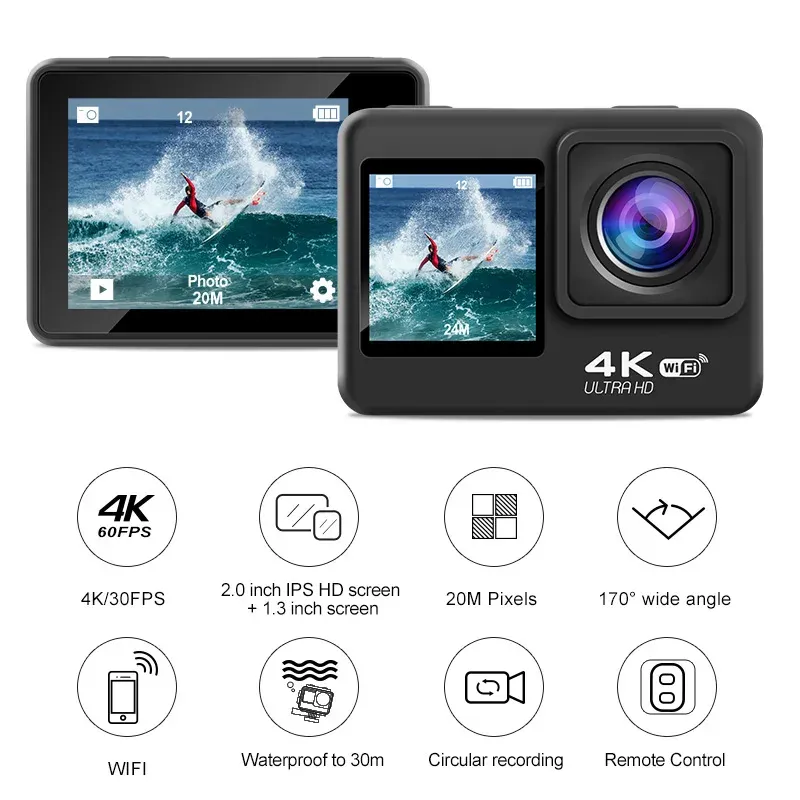 Caméras 4K WiFi Action Caméra double écran 170 ° grand angle de sport imperméable avec télécommande Kit d'accessoires de montage