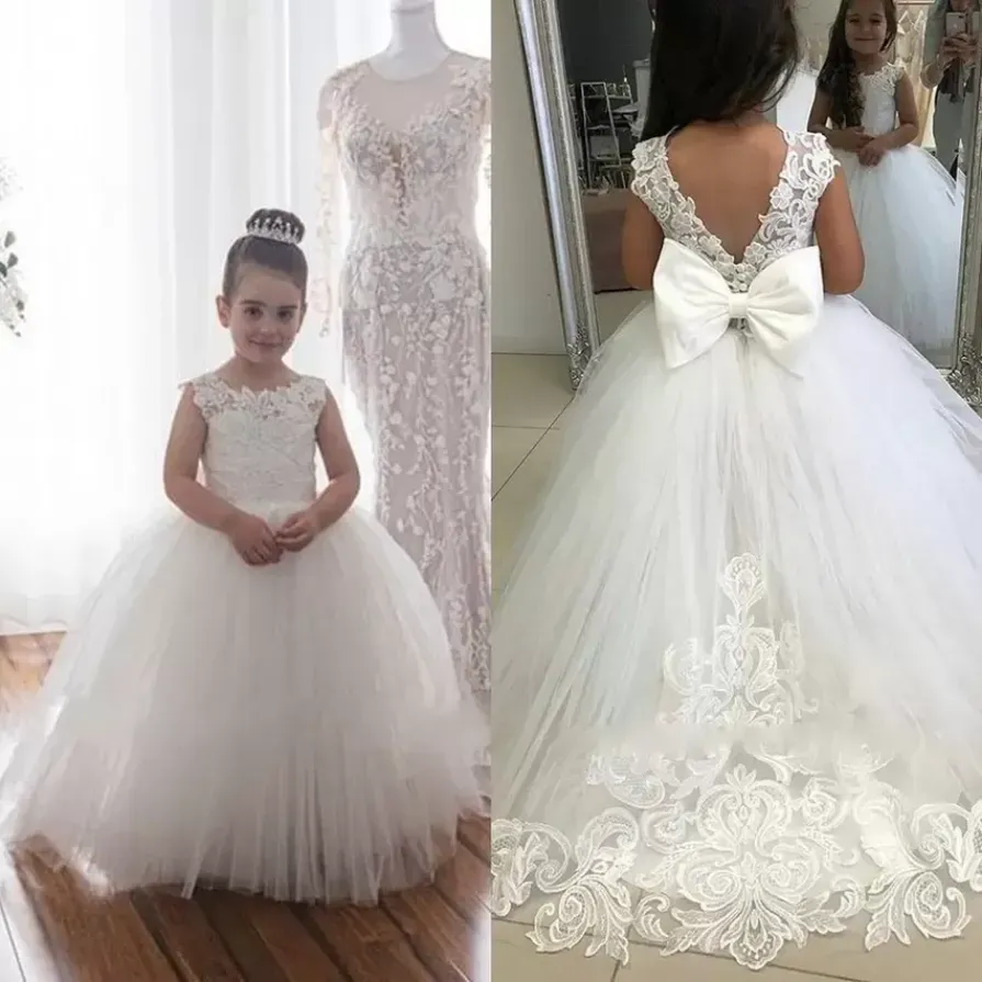 Lace Tutu Flower Girl Dresses Jewel Neck Appliques Puffy Kids Birthday Communion Dress With Big Bow Back MC2223