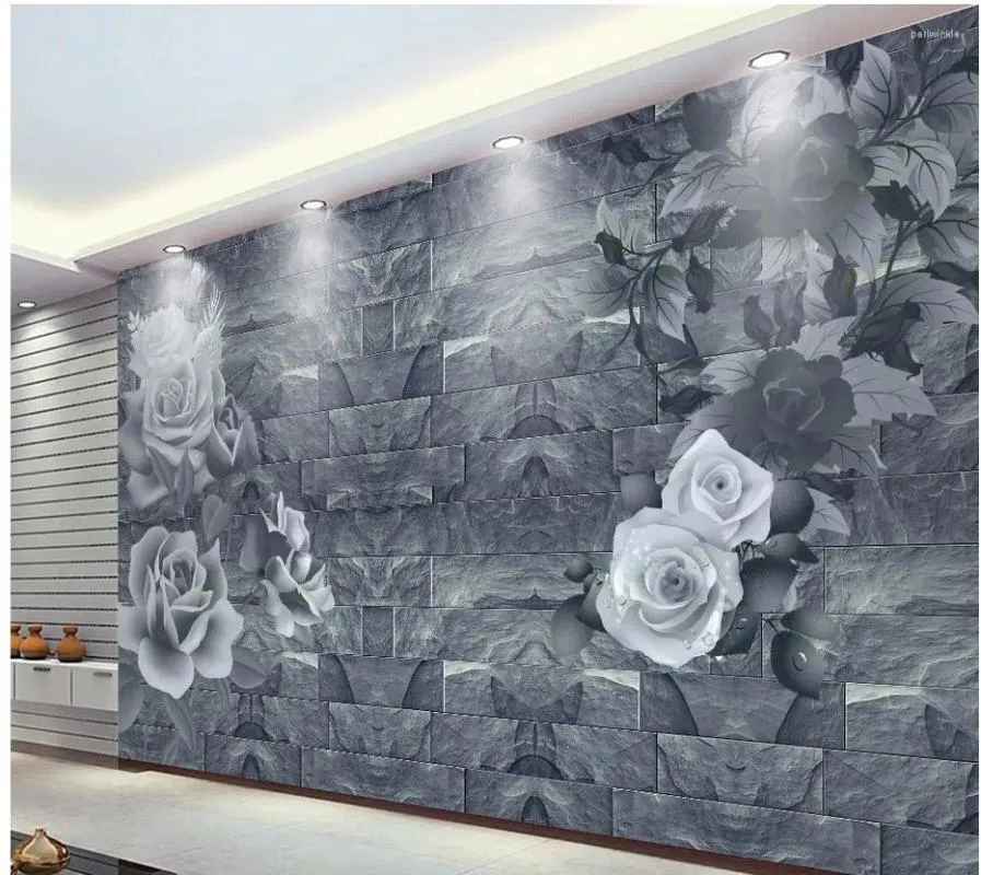 Wallpapers 3d Bathroom Wallpaper Romantic Rose Brick Wall Mural Po Home Decoration