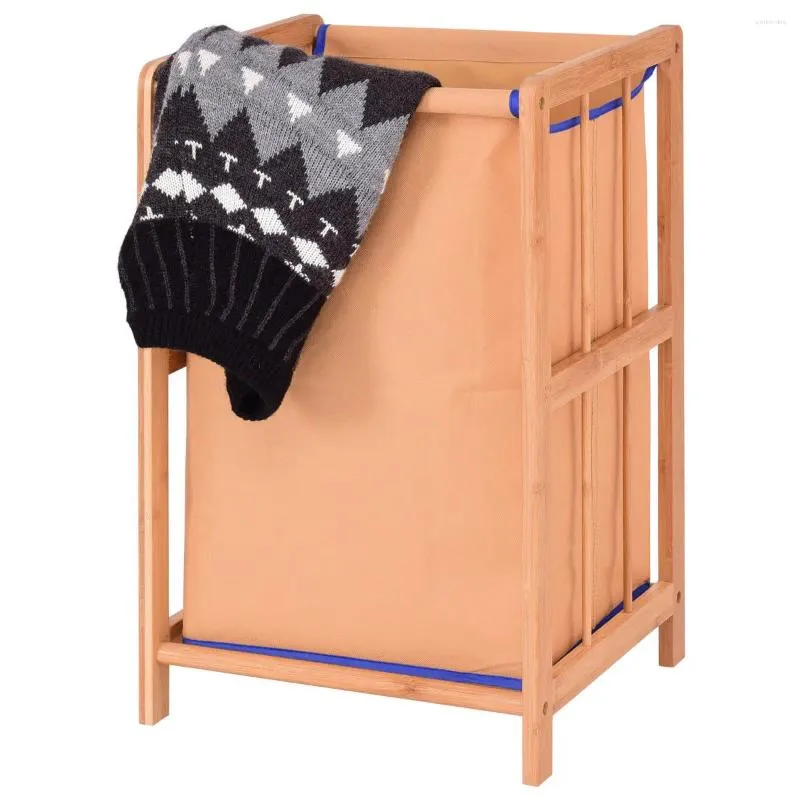 Bolsas de lavandería QWE123 Costoway Marco de bambú Cascha Cesta de almacenamiento de ropa de tela duradera Bin de almacenamiento