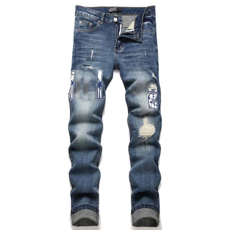 Męskie dżinsy niebieskie Zerwane Patch Elastyczne Pencil Denim Spodnie Streetwear Hip Hop Slim Filting Spodni dla mężczyzn