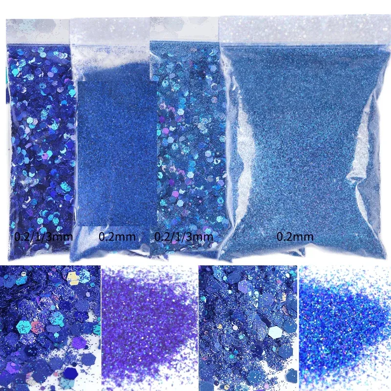 Glitter 4 Bag*50g Holographic Blue Nail Fine Glitter Powder Sequins Bulk Chunky Mix Hexagon Decoration Nails Accessories for UV Supplies