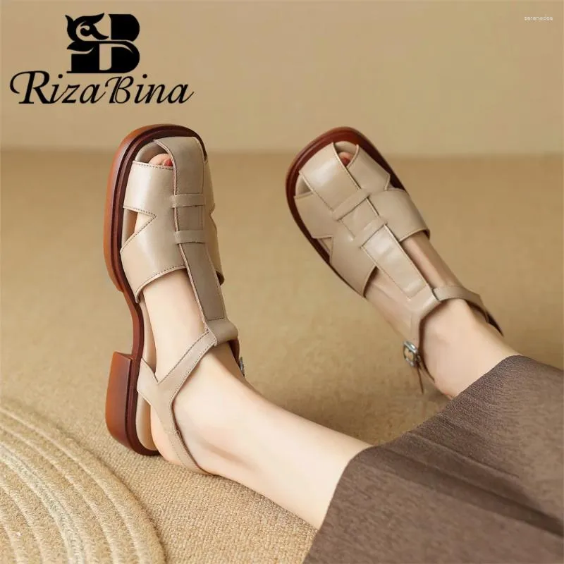 Sandaler rizabina vintage för kvinnor äkta läder låg häl stängd tå sommar slingback skor damer t-bundna kontor avslappnade pumpar