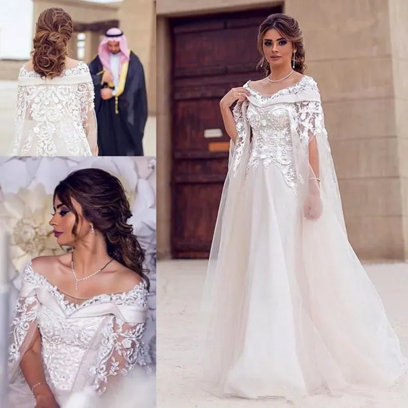 Vestidos árabe nuevo champán una línea vestidos de novia largos fuera del hombro
