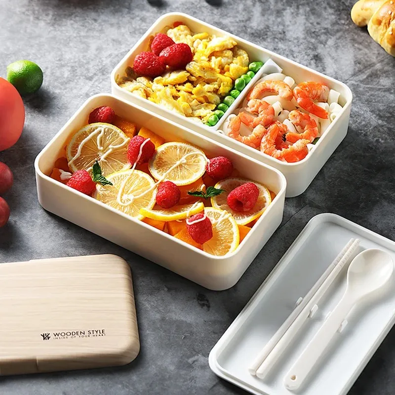 Boîte à lunch à double caler micro-ondes 1200 ml Boîte à salade en bois Bento BPA Boître à conteneurs portables gratuits Étudiant