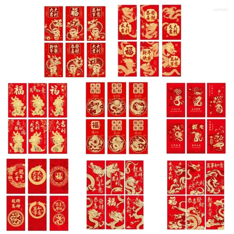 Geschenkverpackung 6PC Chinesische Rötung Umschläge Bronzing Dragon Hongbao Glücksgeldpaket 2024 Jahr der Geldbörse Drop