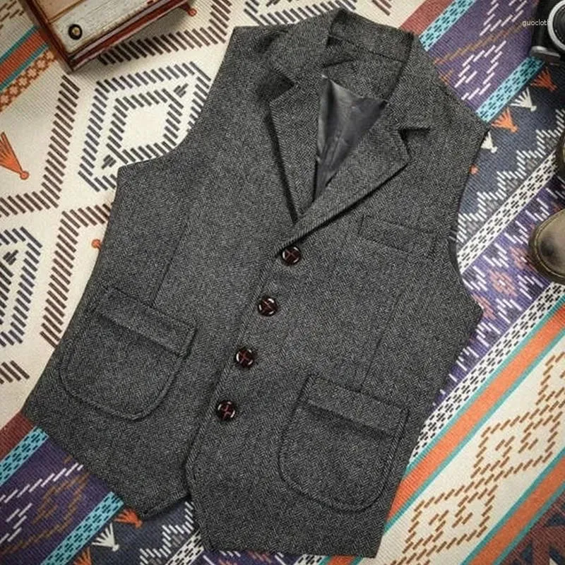 Men's Vests Retro Fashion Herringbone Tweed Suit Vest Lapel Chain Sleeveless Jacket British Vintage Gentleman Party Business