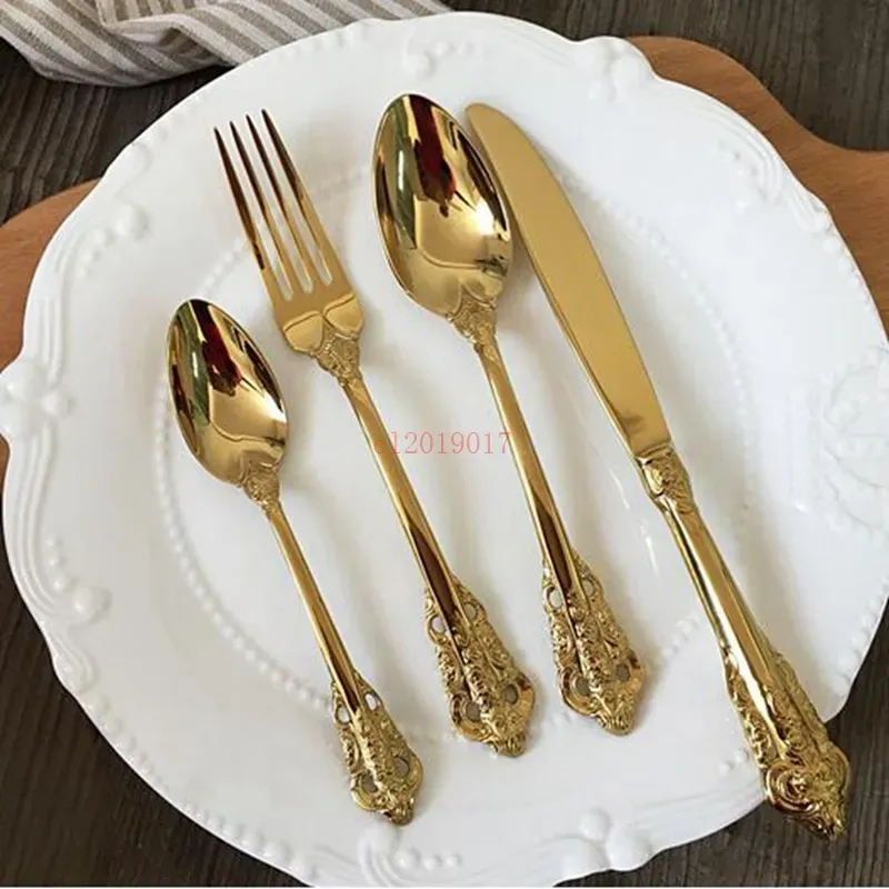 Golden Plated Cutlery Set Stainless Steel Knife Forks Teaspoon Gold Dinnerware Wedding Christmas Tableware