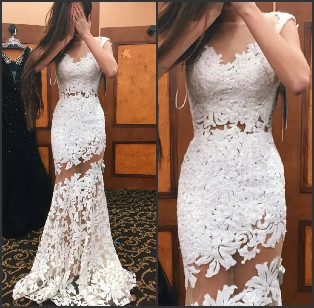 Dresses Sweep Train Gorgeous Jewel Illusion Neckline Mermaid Formal Dresses White Lace Prom Dress Sheath Tight Fitted Evening Gown