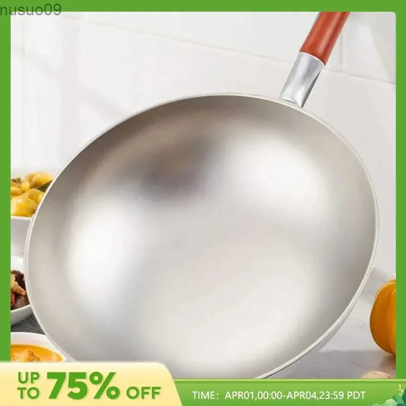 Pannor Pure Titanium Wok Rodless Kitchen Cookware Uncoated Frying Pan Hushåll Cirkulär bottenpanna Gas Cookwarel2403