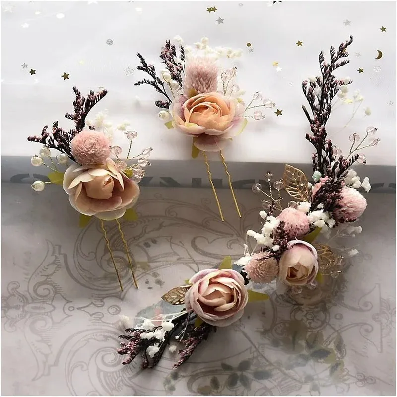 Épingle de cheveux de fleur séchée en mousseline à main pour femmes Boho Brides Wedding Tiara Artificial Flower Headress Coil Coiffure Hair Bijoux