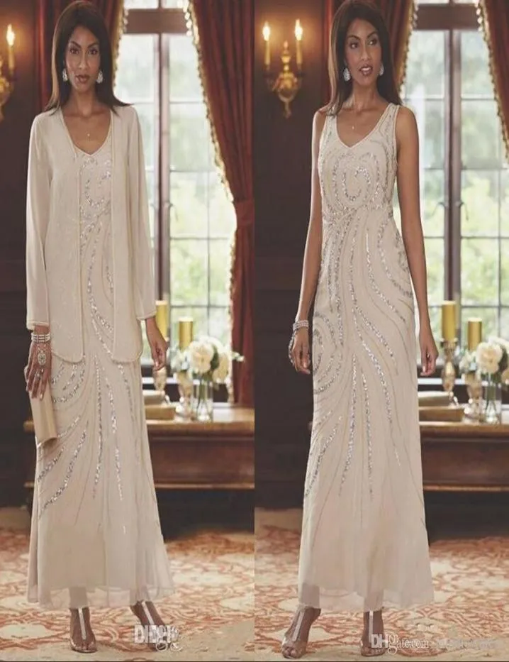 Elegant V Neck Chiffon Mother039s Dresses Two Pieces Beaded Wedding Guest Ankle Length Mother of the Bride Dresses With Long SL8898373