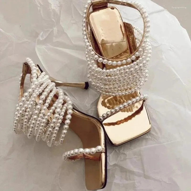 Sandals Square Toe Pearl Strap High Heel Slippers Open Slip On Thin Heels Golden Beaded Hollow Strappy Mules Shoes 9CM