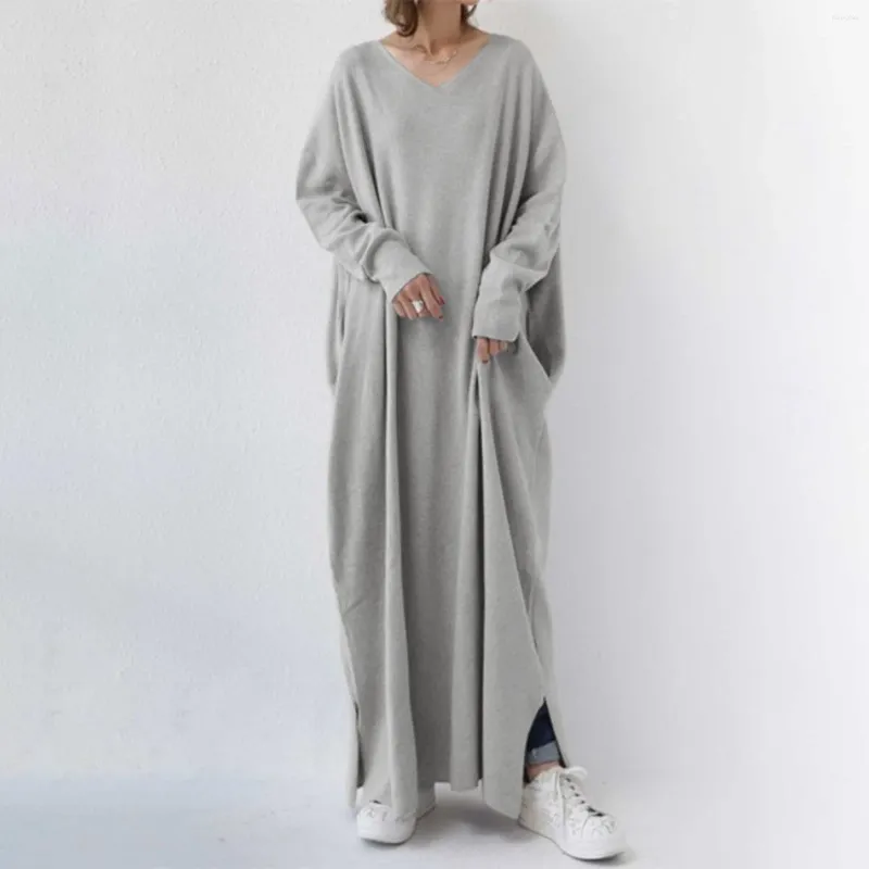 Casual Dresses Women's V Neck Pure Cotton Long Dress Fashion Minimalist Solid Color Side Split Plus Size Maxi Party