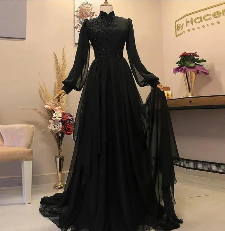 Svart långa ärmar musilm aftonklänningar a-line hög hals pärlor spets applikation chiffong dubai arabisk formell klänning prom vestidos elegantes parti