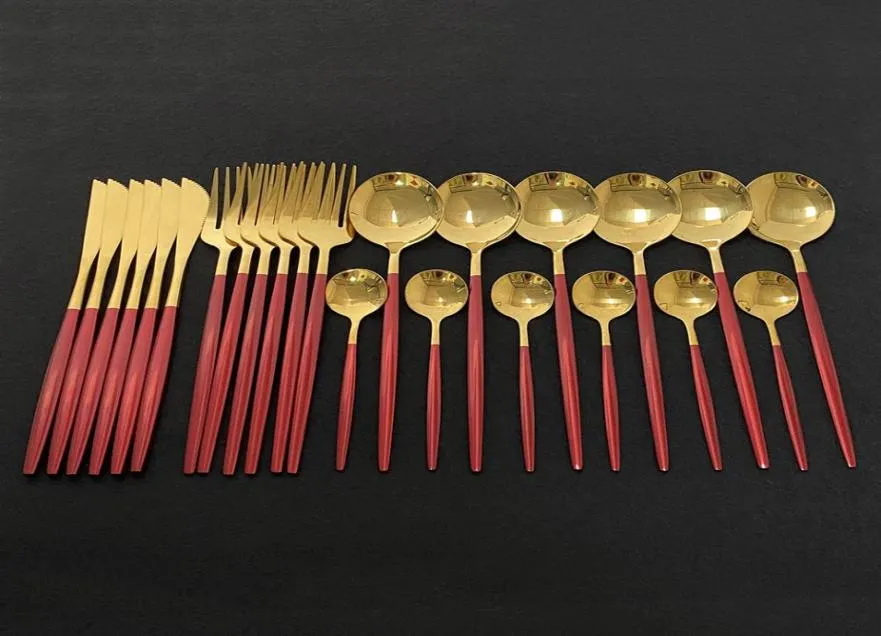 Rot Gold 24PCS Dinnerwaren Besteck Set 304 Edelstahl -Lebensmittel -Wohnung Home Steak Messer Fork Kaffee Löffel Hochskalte Tischgeschirr Set Y4463009