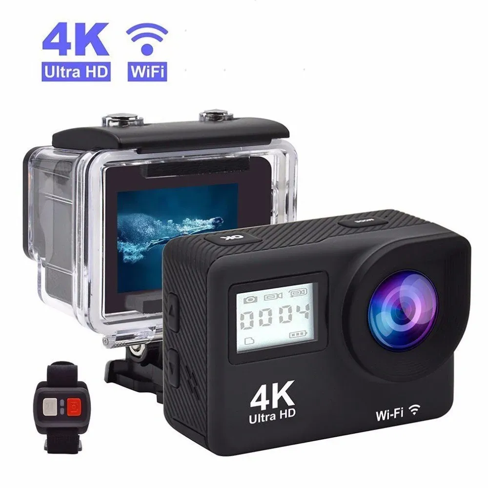 Cameras Nouveaux caméras d'action 4K Ultra HD Double LCD WiFi 16MP 170D 30M GO APPLICATION DE CAME VIDÉO CASHET DV DV DV Sport DV avec télécommande avec télécommande