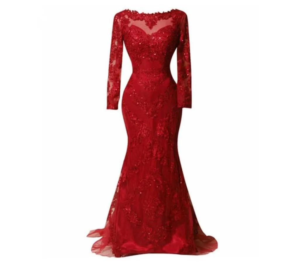 Emerald kırmızı dantel uzun gece elbise uzun kollu boncuklar süpürme tren kadın seksi payetler resmi pageant elbisesi için parti7782798