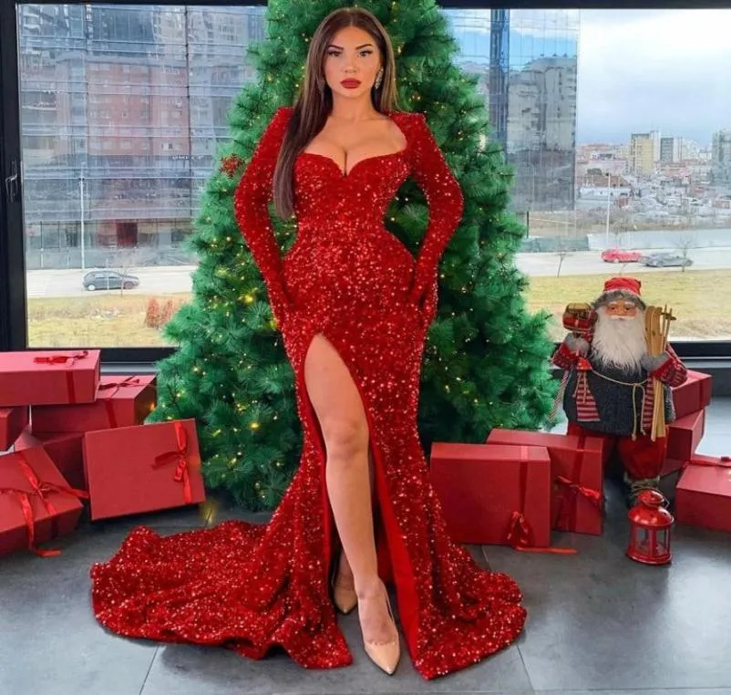 Women 2021 Long Sleeves Red Sequin Prom Dresses Sexy Side Slit Mermaid Shiny Bling Evening Christmas Party Gowns9059580