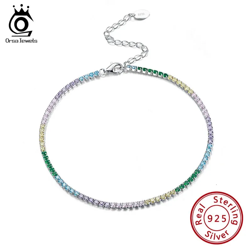 Orsa mücevherleri 925 STERLING Gümüş Tenis Anklet Gökkuşağı Renkleri AAAA Zirkonya Kızlar İçin Tam Döşak Kadın ayak bileği zinciri SA04 240408