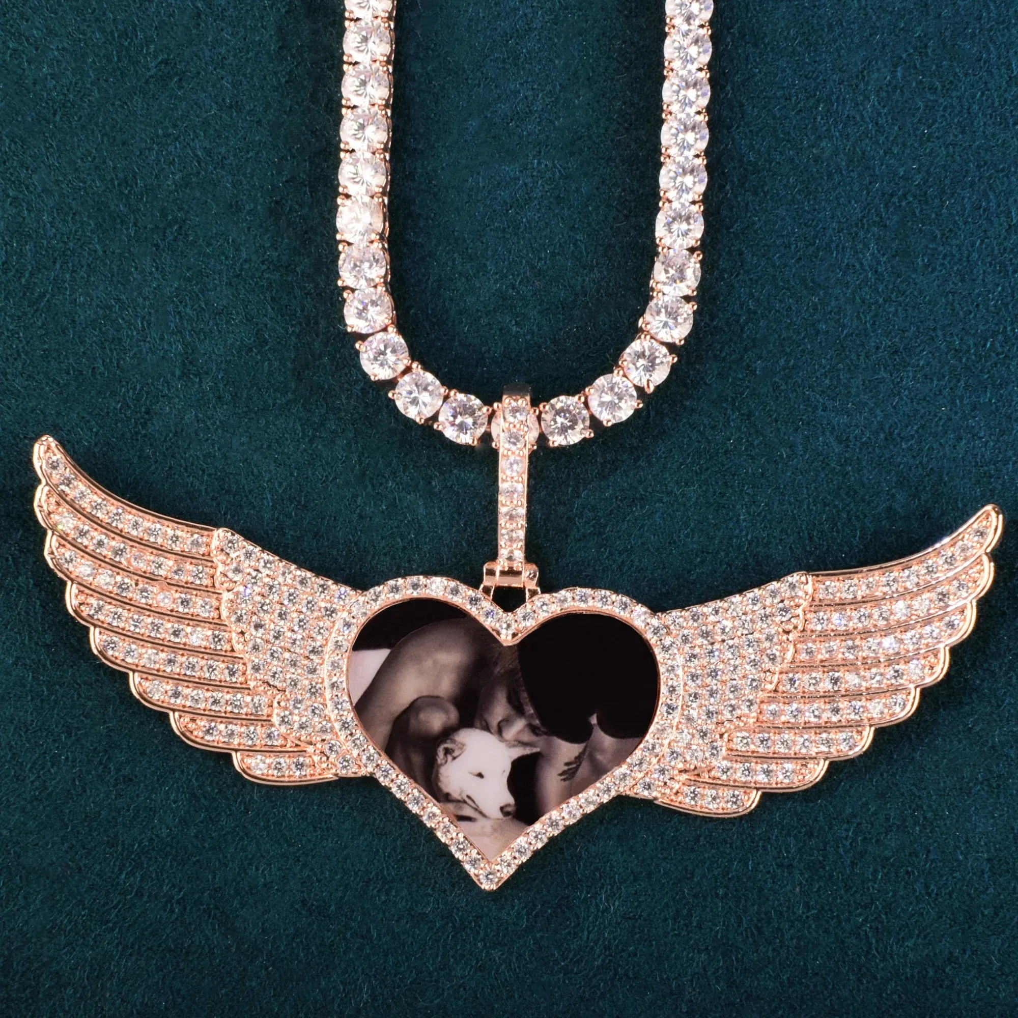 Custom Heart Pendant Inlaid Zircons Photo Necklace Gold Handmade