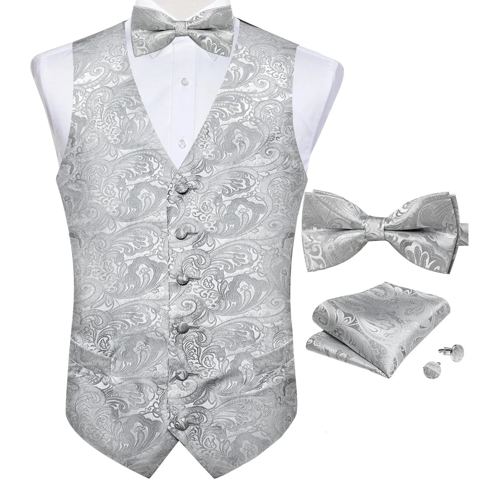 Colete cinza formal para homem de casamento masculino Paisley Ciistcoat laço laço de lençol puleklinks set coletes de festas de negócios 240312