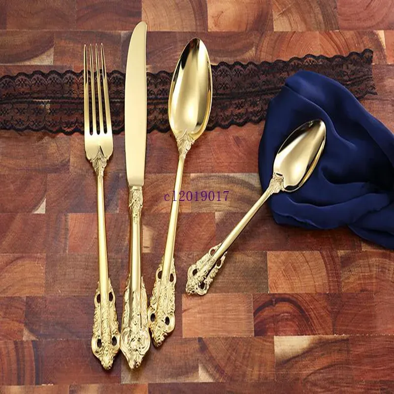 Vintage Western Gold Plated Cutlery Dining Knives Forks Teaspoons Set Golden Luxury Dinnerware Engraving Tableware 01