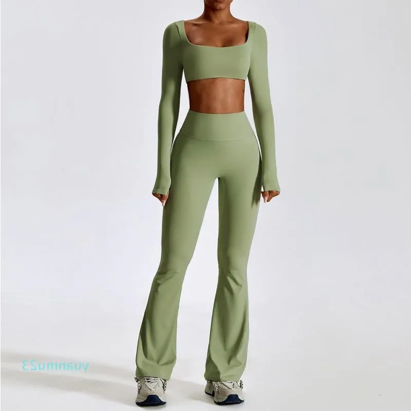 Fashion Outfit Wear Set Athletic Seamless Women Sportswear Workout Fiess 2PCS Sleeve Gym Clothes Legging Suits Long Top Sports Yoga Cro Vbpq