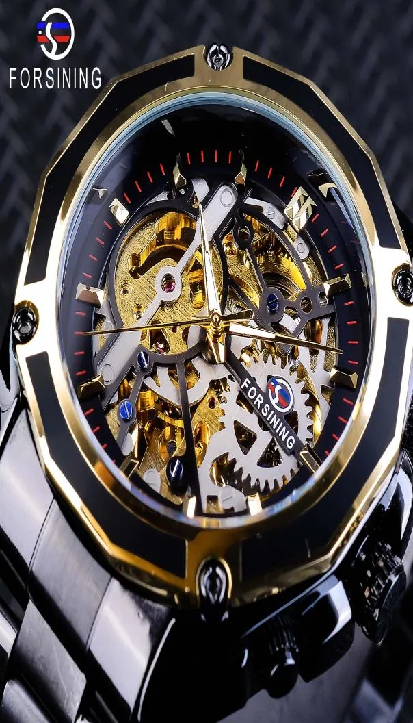 Forsining Steampunk Style Men039S Skeleton Watches Black Automatic Men039S 시계 최고 브랜드 고급스러운 빛나는 손 Horloges MA3182758