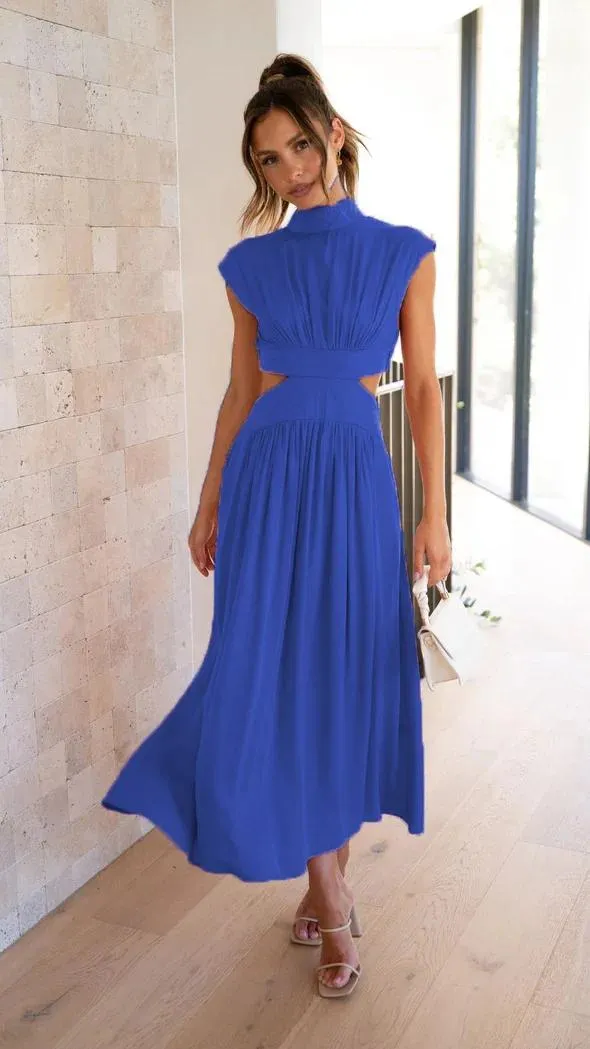 casual long dress blue good for warm and cold YUGYXL Women's V Neck Ruffle Sleeve Maxi Dress Smocked Bodice Tiered Flowy  Casual Long Sundress for Beach Vacation Black Dresses S