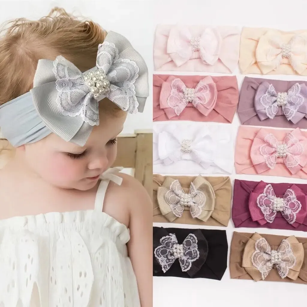 24PC/Los geborener Baby Spitzen Bogen Stirnbänder stirnhöfter Bug elastischer Stirnband Kinder Mädchen Turban Kopf Wraps Kinder Perlen Stirnbänder 240328