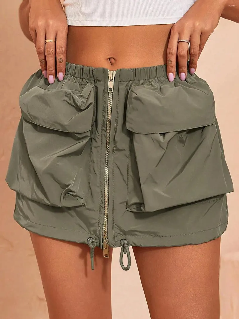Юбки Y2K Женская модная грузовая юбка винтажная клапана кармана на молнии передняя шнурки с эластичной талией.