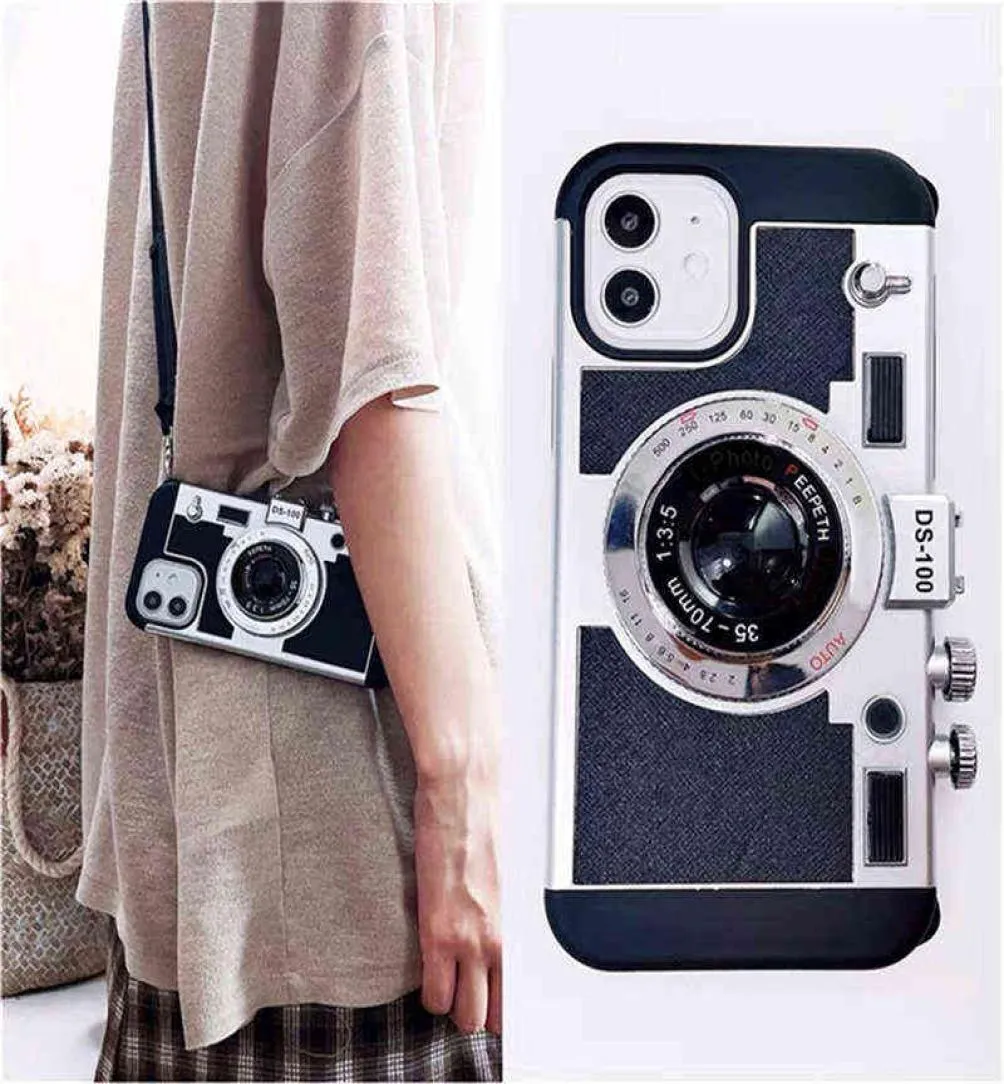 Emily i Paris 3D Retro Camera Phone Case för iPhone 13 12 11 Pro XS Max X XR 8 7 Plus Crossbody Lanyard Protective Back Cover AA21547120