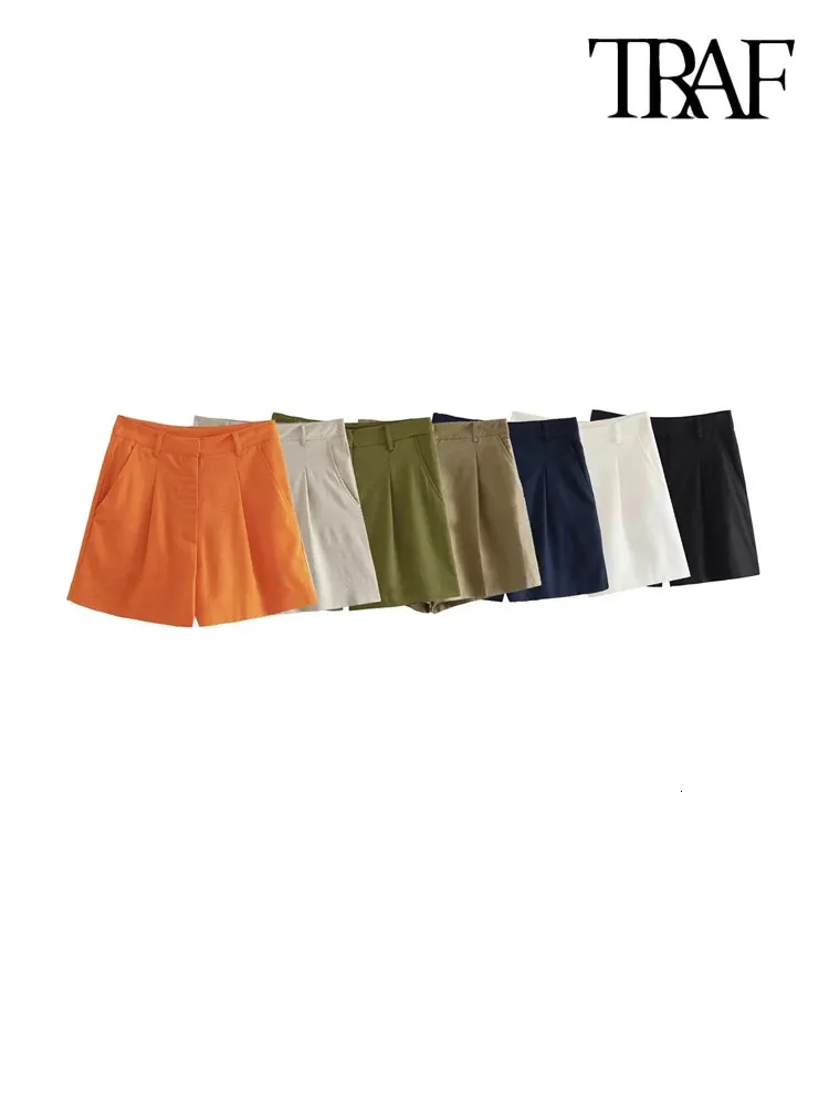 TRAF Mulheres moda com bolsos Pleats Front Flend Blend Shorts Vintage High Cisting Zipper Fly Female Pants Short Mujer 240407