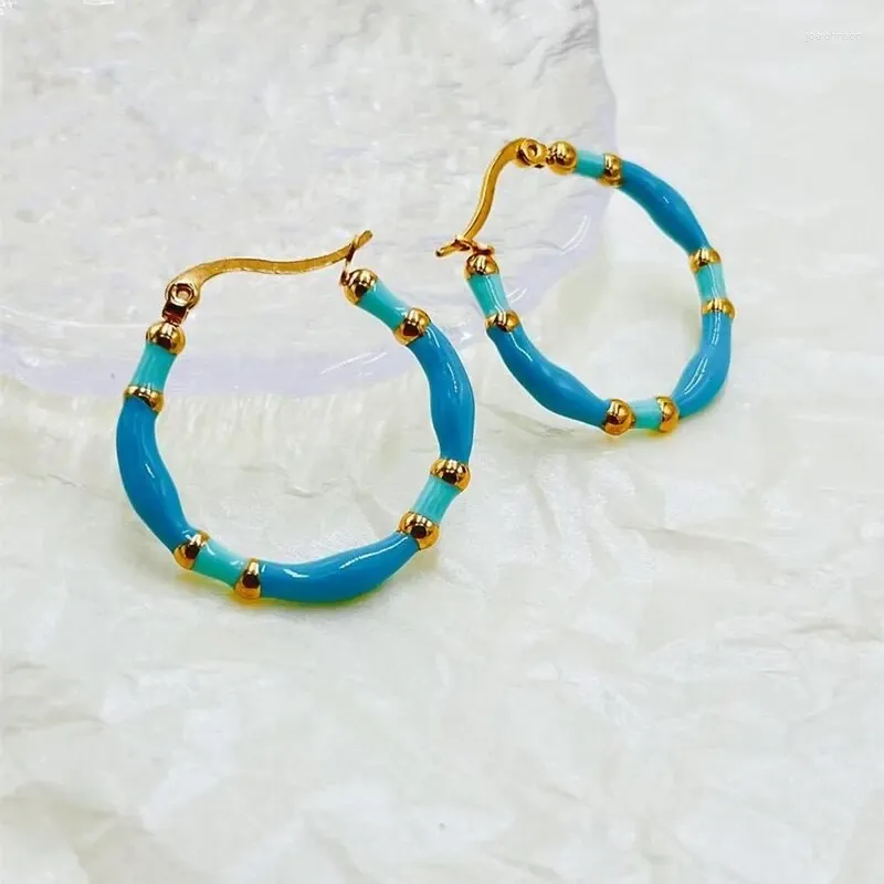 Hoop Earrings Women Multi Color Epoxy Blue Turquoise Painting Gold Bamboo Design Pink Fuchsua Option