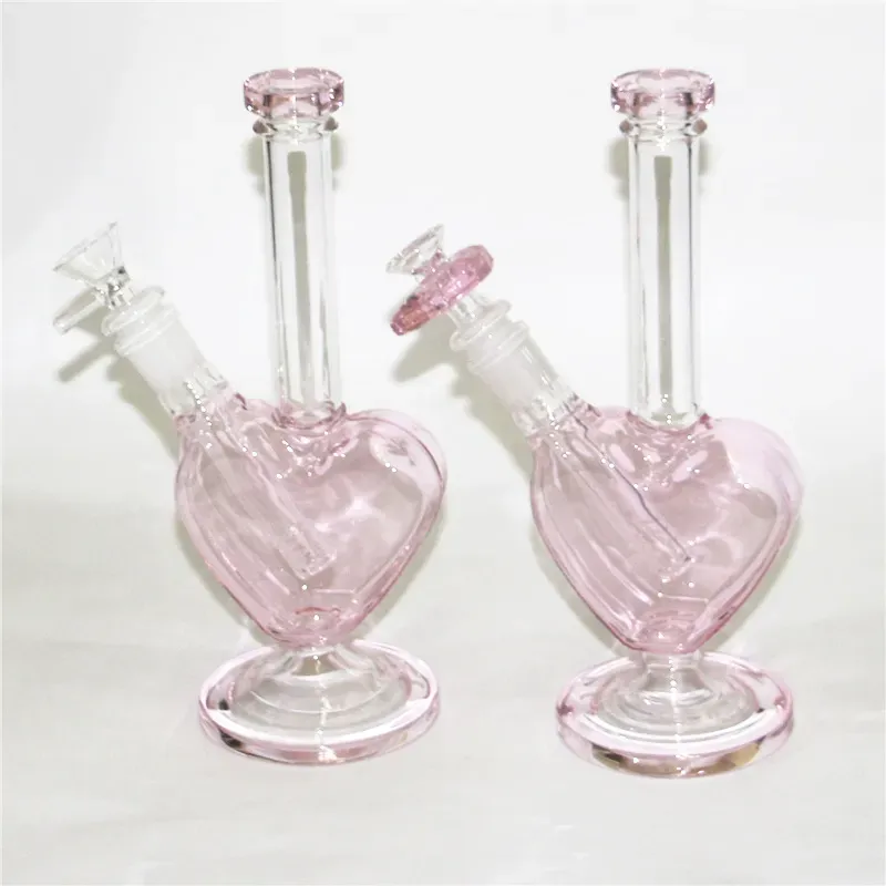 Heart Shape Pink Green Blue Color Hookahs Glass Bongs Water Pipes Oil Rig Dab Rigs with 14mm Smoking Dry Herb Bowls