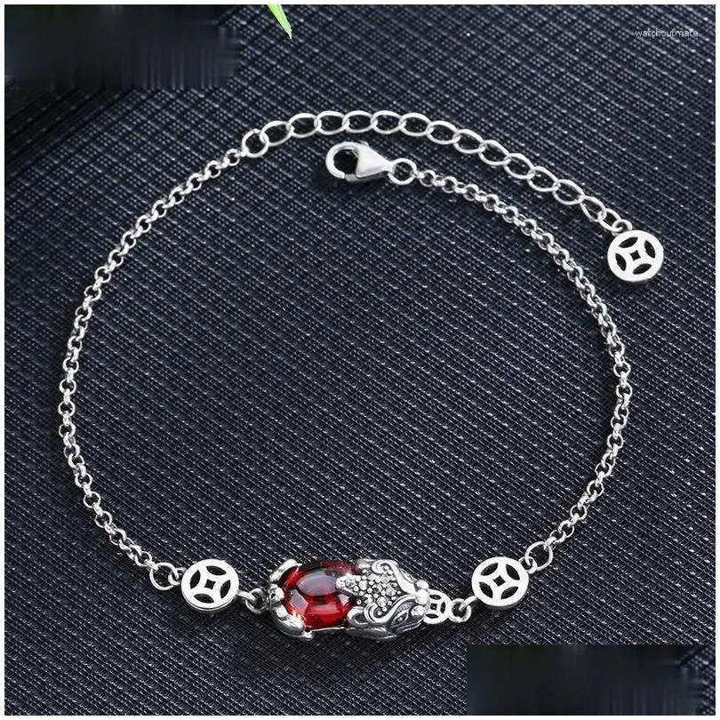 Chain Link Bracelets Vintage Sier Color Womens Pi Xiu Bracelet Red Gems For Feng Shui Wealth Healthy Good Lucky Jewelry Drop Delivery Dh6Tk