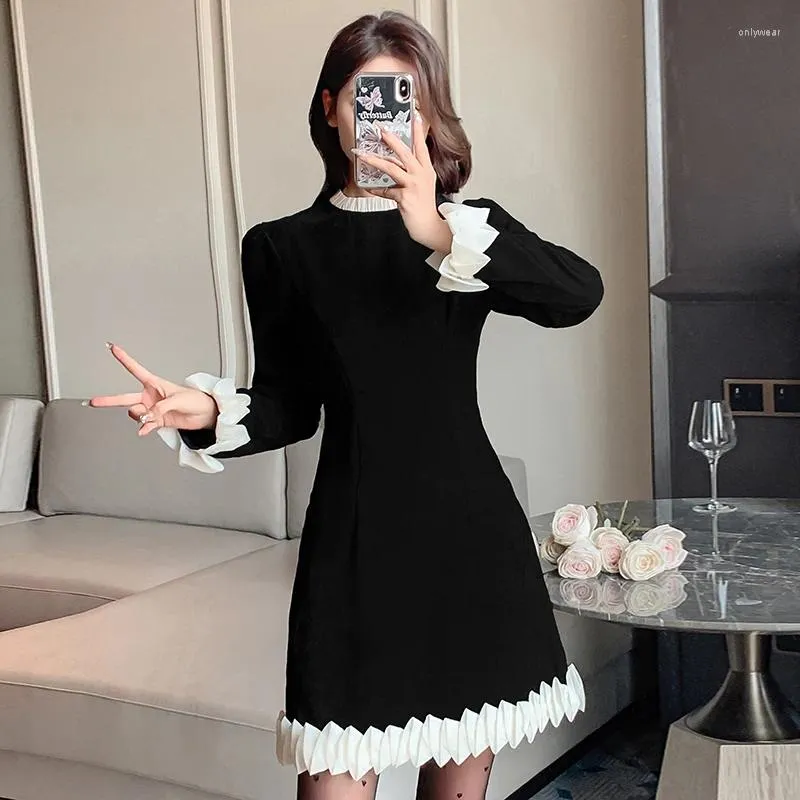 Spring Mini Dress: Designer Pleated Lace, Ruffled Collar, Petal Sleeves -  Elegant Black Short Dress for Women, Slim Fit