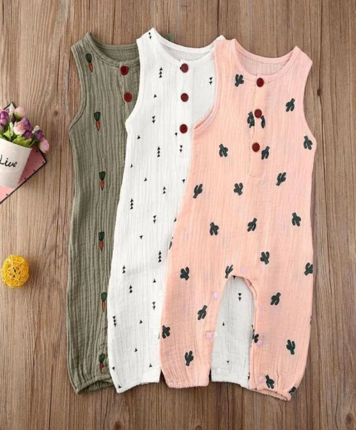 Jumpsuits 2021 Sommar ärmlös född baby flicka pojke kläder bomullslin kaktus tryck romper jumpsuit mjuk outfit en bit7563080